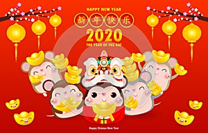 Happy Chinese new year greeting card. group of Little rat holding Chinese gold, Happy new year 2020 year of the rat zodiac