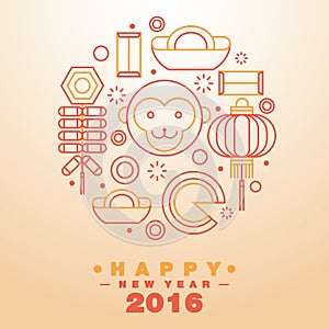 Happy Chinese New Year 2016 Greeting Card Icons Symbol - Vector