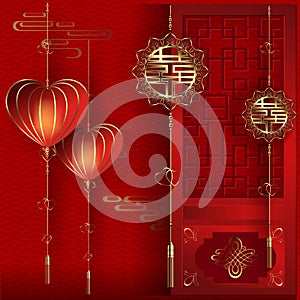 Happy Chinese New Year greeting card with ornament asian decoration fan and lantern in gold background  Geometric texture with red