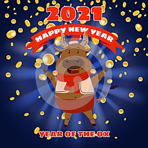 Happy Chinese 2021 new year greeting card. Year of the ox. Cute bull and gold money. Chinese zodiac symbol traditional