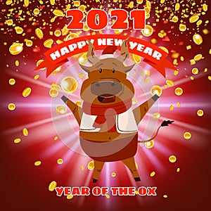 Happy Chinese 2021 new year greeting card. Year of the ox. Cute bull and gold money. Chinese zodiac symbol traditional