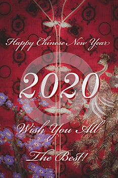 Happy Chinese New Year 2020 greeting card template with red oriental fabric background