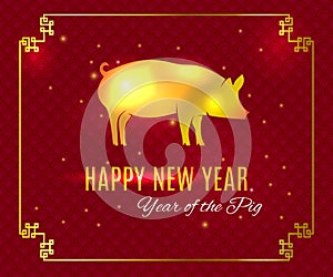 Happy Chinese new Year 2019 greeting card on traditional oriental wave pattern background