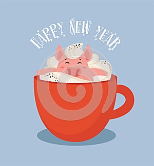 Happy Chinese New Year greeting card , year of a pig. Cute and funny piglet chilling in a cup of winter drink. Excellent