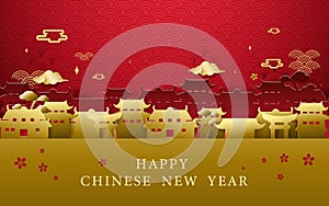 Happy Chinese new year greetings. Gold and red Chinese village background
