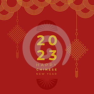 Happy Chinese New Year. Hanging Chinese knots amulets. Year of the rabbit. 2023. Vector illustration, flat design