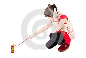 Happy chinese new year. kids playing with firecracker