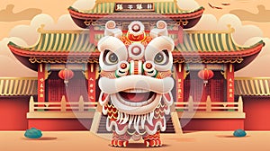 Happy Chinese New Year koi greeting card with an illustration of lion dance head puppets standing in front of Chinese