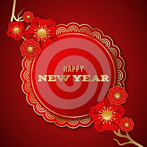 Happy Chinese New Year label decorated with a tree with red blooming flowers on a red background. Paper cut style. Vector