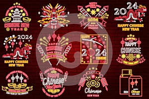 Happy Chinese New Year neon greetings card, flyers, poster. Vector illustration. Chinese New Year neon sign with sakura