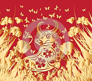 Happy Chinese New Year of the ox 2021 zodiac sign. Luxury gold floral and flowers on red background for greetings card, invitation