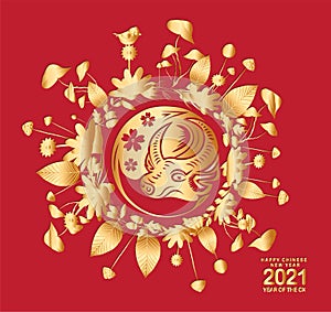 Happy Chinese New Year of the ox 2021 zodiac sign. Luxury gold floral on the ground round on red background for greetings card,