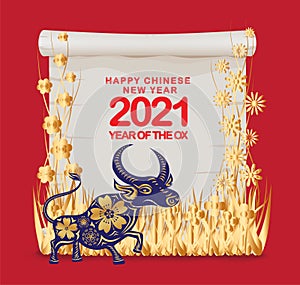 Happy Chinese New Year of the ox 2021 zodiac sign. Luxury gold floral and map scroll on red background for greetings card,