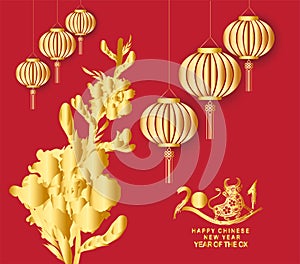 Happy Chinese New Year of the ox 2021 zodiac sign. Luxury gold florals and lanterns on red background for greetings card,