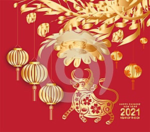 Happy Chinese New Year of the ox 2021 zodiac sign. Luxury gold florals and lanterns on red background for greetings card,