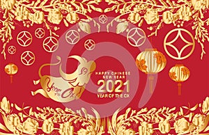 Happy Chinese New Year of the ox 2021 zodiac sign. Luxury gold florals and lanterns on red background for greetings card,