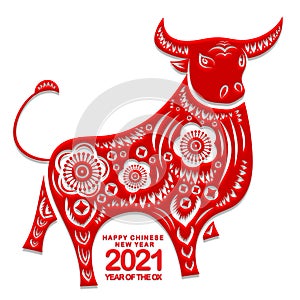Happy Chinese New Year 2021 year of the ox ,Chinese Zodiac Sign Paper cut red ox photo
