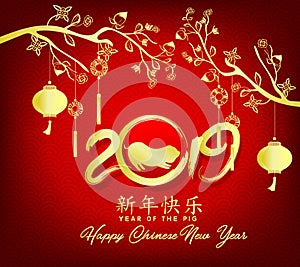 Happy Chinese New Year 2019, Year of the Pig. Lunar new year. Chinese characters mean Happy New Year