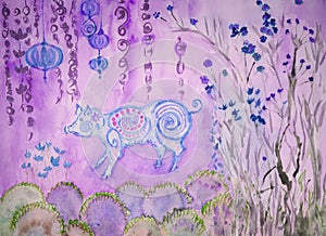 Happy chinese new year 2019, pig on a purple background.