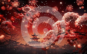 Happy Chinese New Year poster. Night scene with red sakura, pagoda and fireworks.