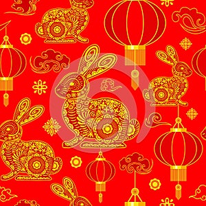 Happy Chinese New Year 2023 Year of the Rabbit Vector Seamless Repeat Pattern Design Textile Motive illustration photo