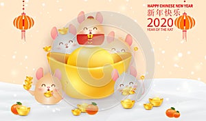 Happy Chinese New year of the rat. Zodiac symbol of the year 2020. Cute cartoon rat character design greeting for card