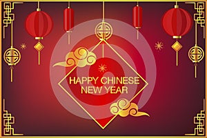 Happy Chinese new year on red background,decorative classic festive for holiday,Traditional lunar year with hanging lanterns tradi