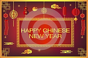 Happy Chinese new year on red background,decorative classic festive for holiday,Traditional lunar year with hanging lanterns tradi