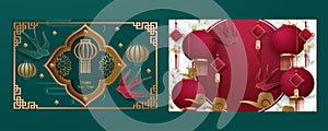 Happy chinese new year. Set of cards. template banner, poster in oriental style. Japanese, chinese elements. Translation : Happy