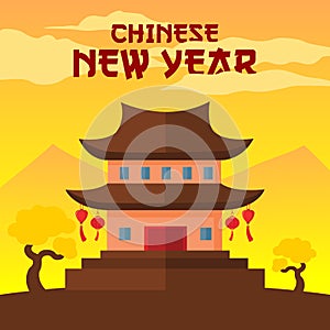 Happy Chinese New Year Temple Scene Vector Illustration Graphic