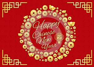 Happy Chinese new year text in circle Gold money frame and lanterns