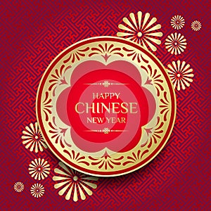 Happy Chinese new year text on red gold circle banner and gold flower on china pattern background vector design