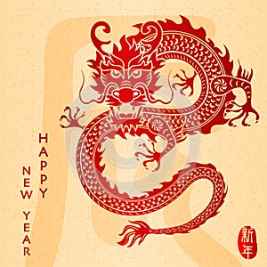 Happy Chinese New Year traditional folk paper-cut art dragon. Chinese translation : New Year