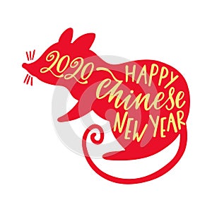 Happy Chinese New Year typography greeting card. 2020 Year of the Rat. Hand drawn lettering design.