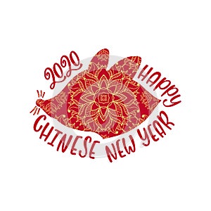 Happy Chinese New Year typography greeting card. 2020 Year of the Rat. Hand drawn lettering design.