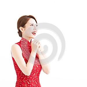 Happy chinese new year, woman with congratulation gesture