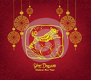 Happy Chinese new year and year of dog card is lanterns