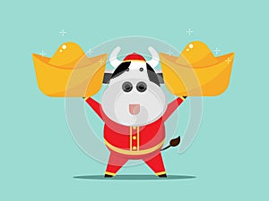 Happy chinese new year, year of the ox cute cow cartoon with chinese gold money
