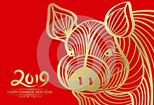 Happy Chinese new year 2019 and year of pig card with Gold head pig abstract line on red background vector design