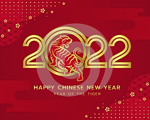 Happy chinese new year - year of the tiger drawing gold line tiger zodiac stand on gold 2022 number of year on red texture