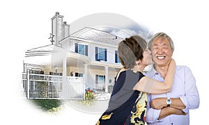 Happy Chinese Senior Couple Kissing In Front of House Drawing