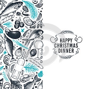 Happy Christmas Dinner design template. Vector hand drawn illustrations. Greeting Christmas card in retro style. Frame with
