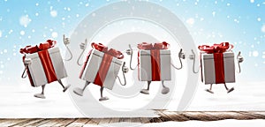 Happy christmas gifts jumping with thumbs up. cartoon figure with snow outdoor 3d-illustration