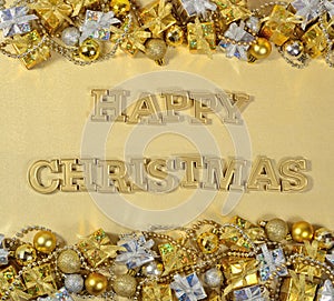 Happy Christmas golden text and Christmas decorations