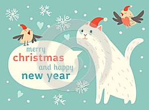 Happy Christmas and Happy New Year card with cute cats and birds in Santa hat