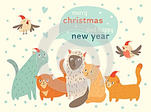 Happy Christmas and Happy New Year card with cute cats and birds in Santa hat