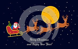Happy Christmas and Happy New Year santa sleigh with reindeer flying through the night sky over forest landscape