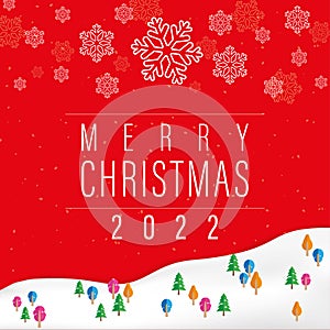 Happy Christmas. Merry Christmas 2022 text with snowflakes and Christmas tree decoration for greeting card Happy New Year