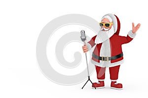 Happy Christmas and New Year Greeting Concept. Cartoon Cheerful Santa Claus Granpa Singing into Retro Microphone. 3d Rendering