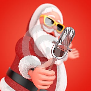 Happy Christmas and New Year Greeting Concept. Cartoon Cheerful Santa Claus Granpa Singing into Retro Microphone. 3d Rendering